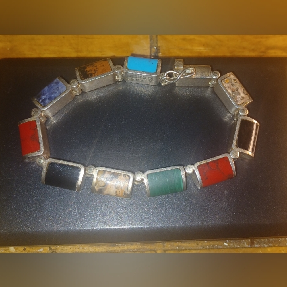 Vintage Taxco Multicolor Sterling Silver Bracelet 7.5"